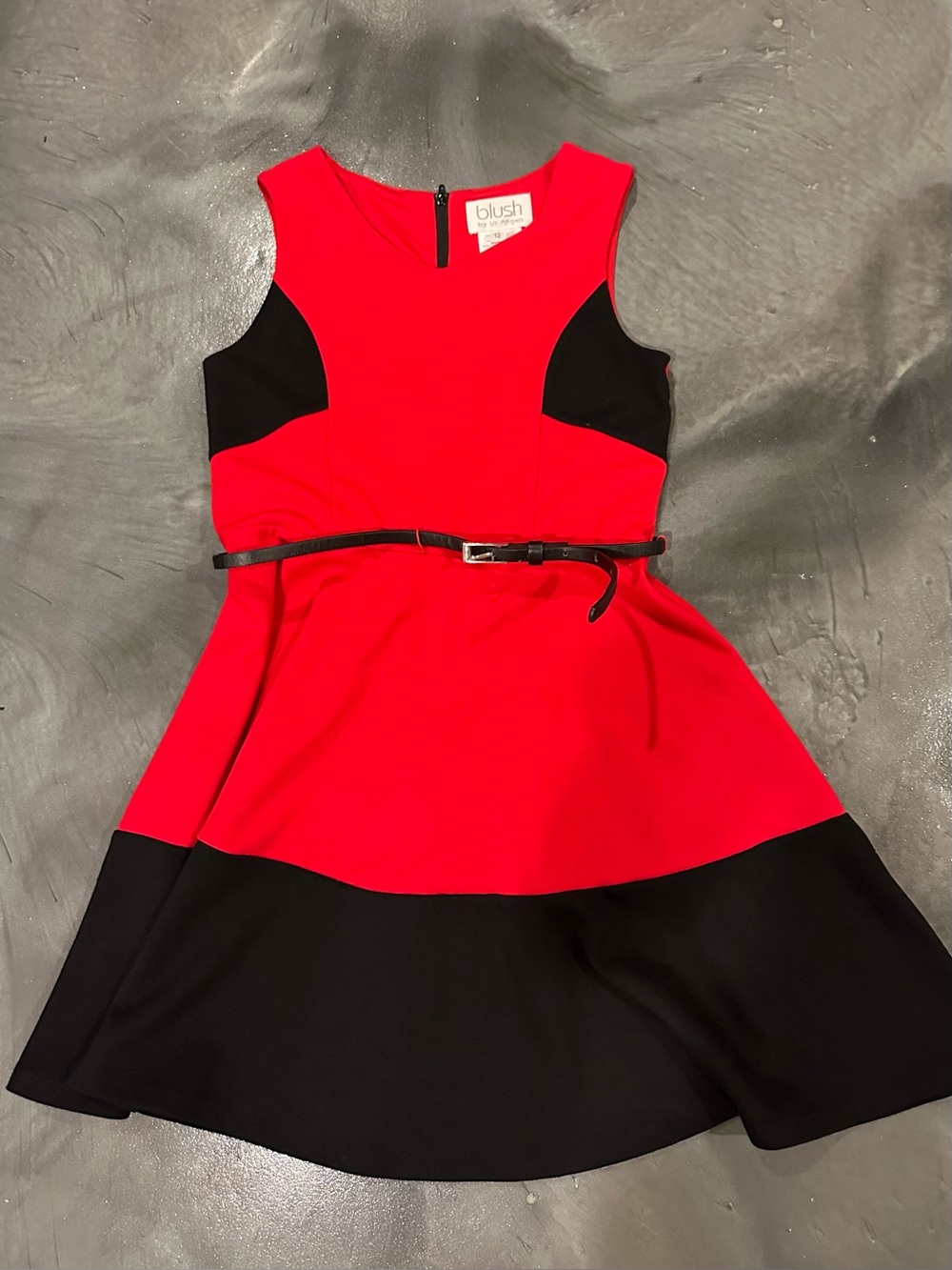 Blush Red and Black Fit & Flare Dress with Belt